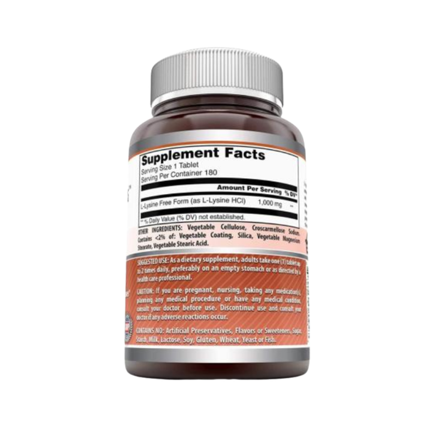 L-Lysine 1000 mg Tablets – Essential Amino Acid for Immune, Skin & Collagen Support (180 Tablets)