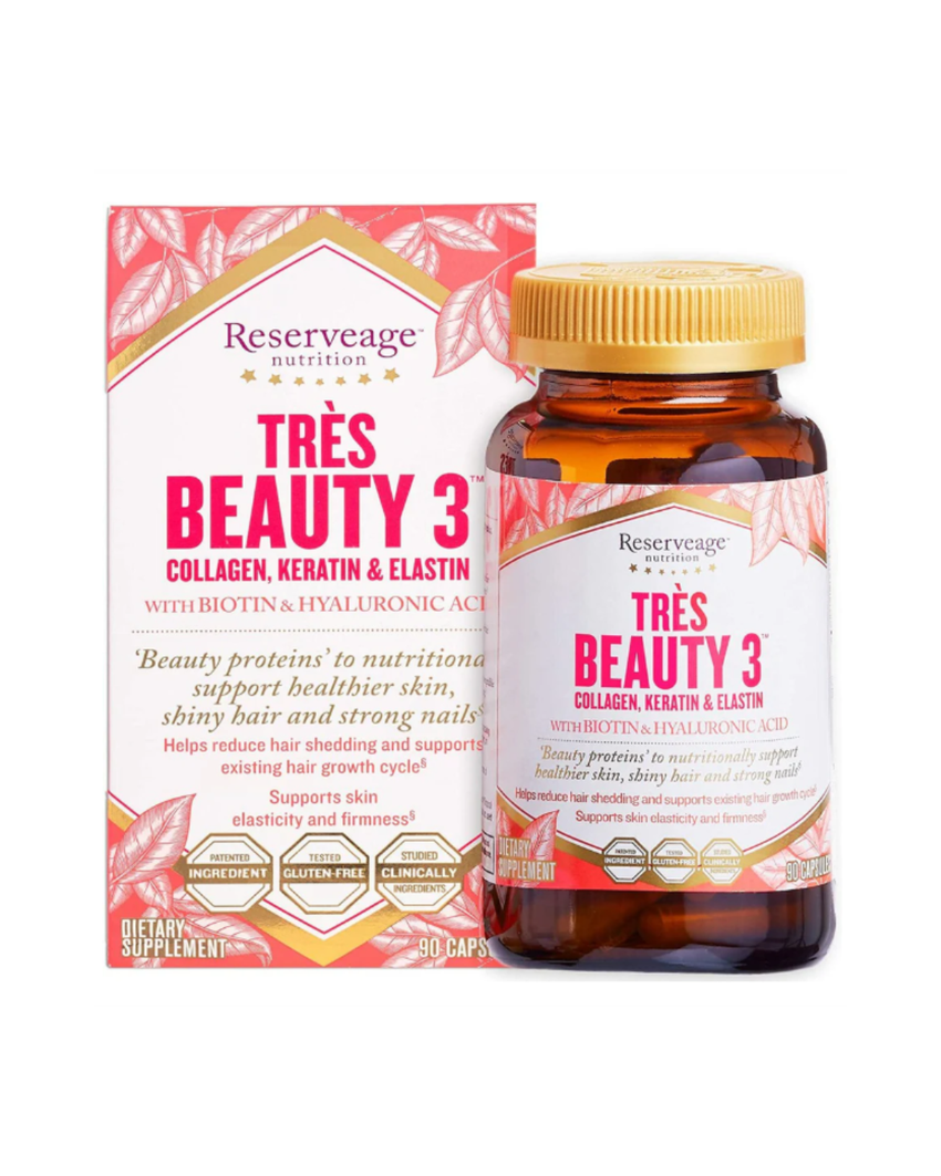 Tres Beauty 3 – Collagen, Keratin & Elastin for Hair, Skin & Nails | Gluten-Free, 90 Capsules