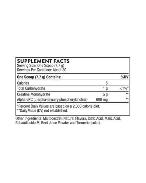 Kreatinas + alfa GPC milteliai energijai, raumenų našumui ir protiniam susikaupimui