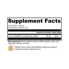 Zinc Glycinate 20mg – Highly Absorbable TRAACS® Zinc Bisglycinate Chelate for Immune, Metabolism & Sensory Support